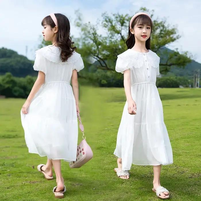 Robe de princesse en mousseline de soie pour adolescentes, vêtements éducatifs en dentelle blanche,