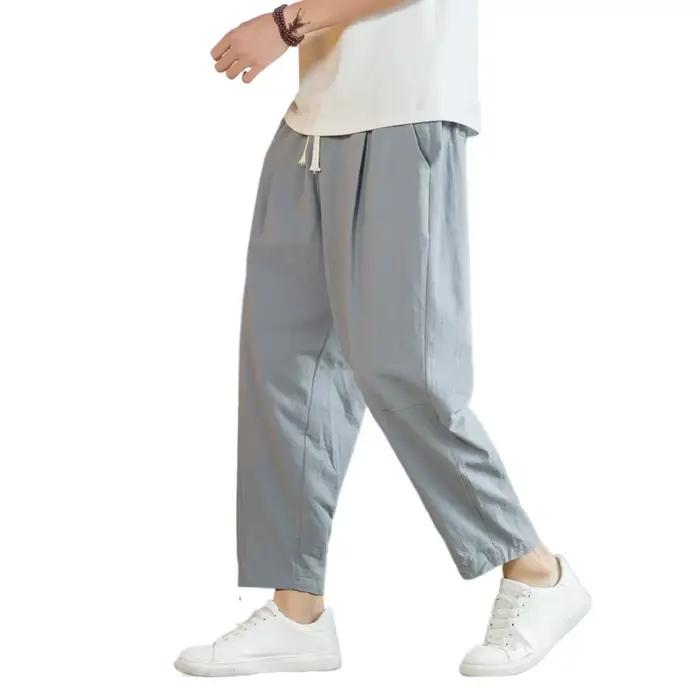 Streetwear hommes coton pantalon décontracté couleur unie pantalons longs respirant cordon pantalon