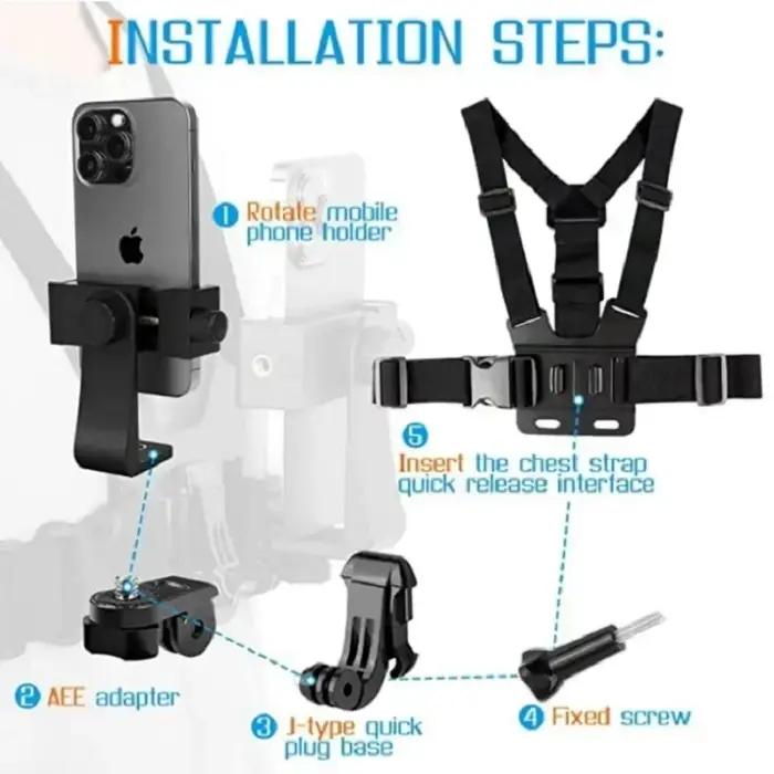 Support de pince de téléphone réglable avec fixation de sangle de poitrine pour activités sportives et photographie en plein air