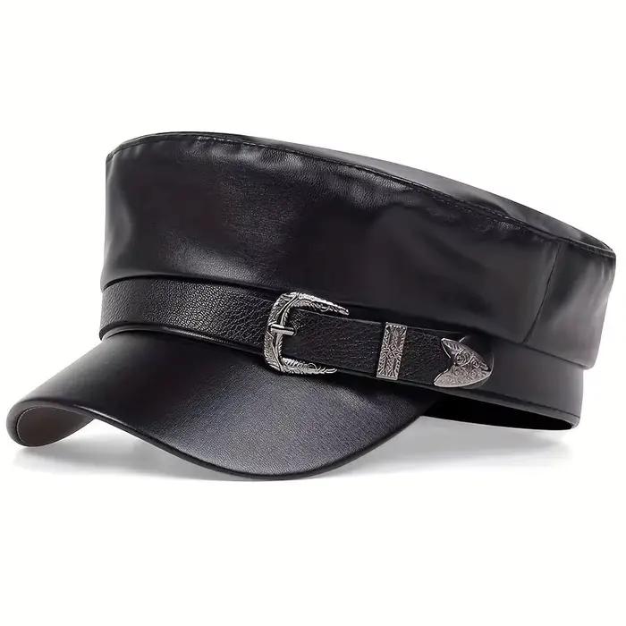 Chapeau en cuir avec grande ceinture pour femmes et hommes, chapeaux de marin, casquettes béret noir