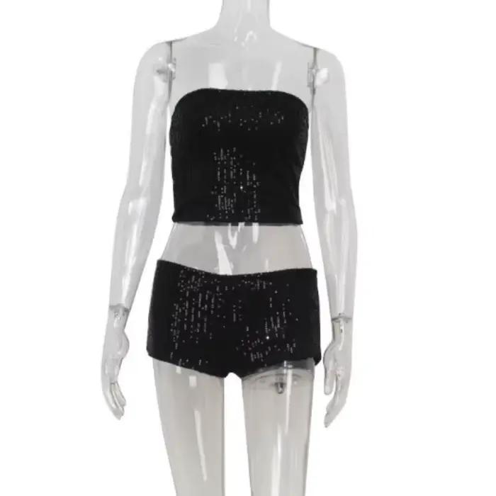 Ahagaga-Ensemble de survêtement 2 pièces pour femmes, sexy, club, paillettes, mode, solide, slim, en