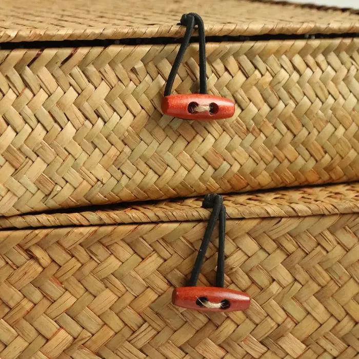 Paniers en jonc de mer avec couvercle, 2 pièces, panier de rangement en osier, bacs de rangement pla
