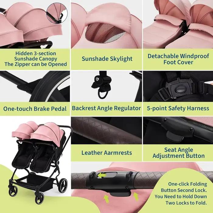 Poussette double côte à côte pour jumeaux, poussette de voyage légère et compacte pliable avec siège