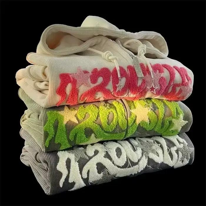 Sweat-shirt à capuche brodé avec fermeture éclair pour femme, haut à manches longues, ample, chemise