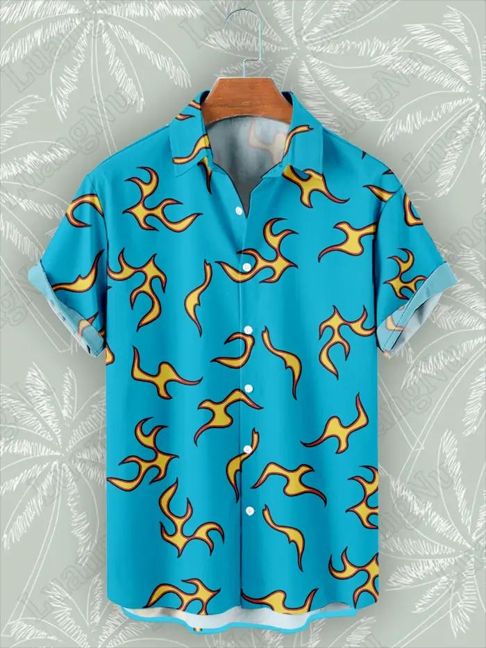 Chemise hawaïenne bleue flamme pour hommes, manches courtes, chemises de rue décontractées, mode hau