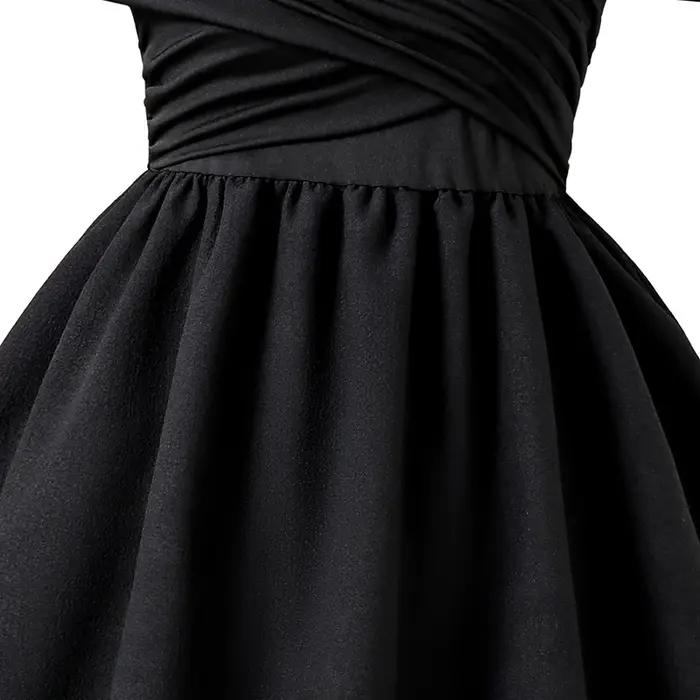 Robe d'été noire pour filles, couleur unie, écharpe, manches courtes, froncée, à plusieurs niveaux,