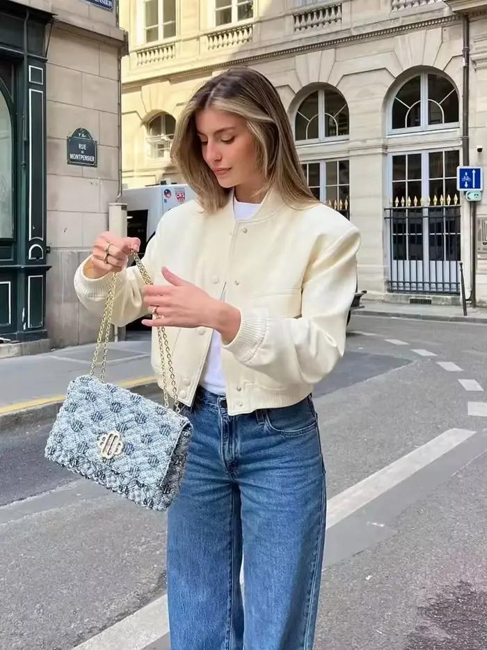 MUJER 2025 femme Bomber veste blanc automne hiver bouton recadrée vestes pour femmes mode à manches