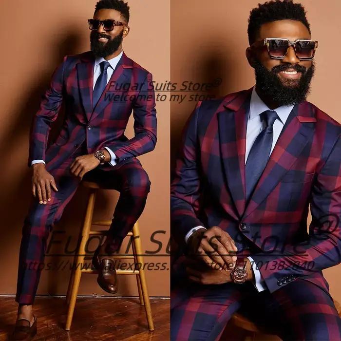 Costumes d'affaires à carreaux pour hommes, sur mesure, coupe ajustée, revers cranté, pour marié, ma