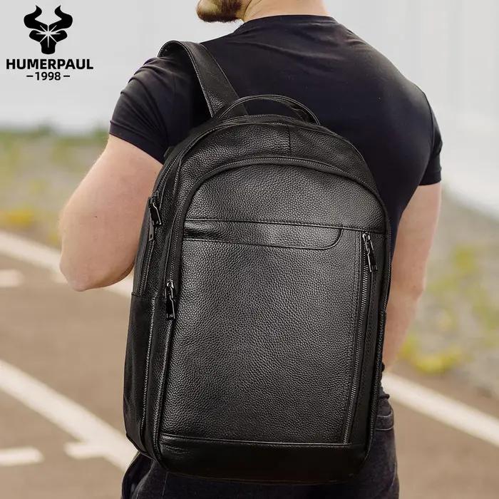 Sac à dos de voyage noir pour hommes, en cuir véritable, pour ordinateur portable, grande capacité,