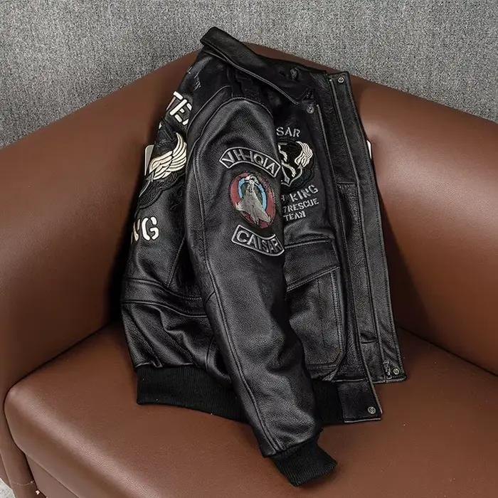 Blouson aviateur en cuir véritable brodé pour hommes, veste Air Force, manteau de moto, vêtements de