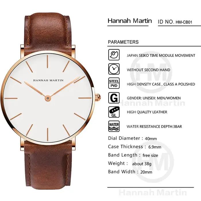 Hannah Martin marque mode japon montres à Quartz argent marron cuir hommes montre étanche robe montr