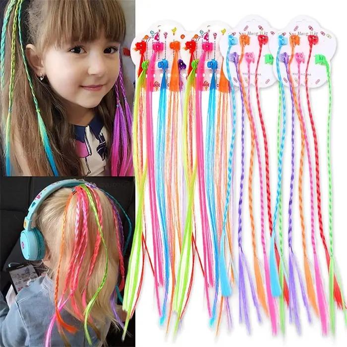Extensions de cheveux tressés colorés pour filles, pinces à cheveux, queue de cheval tressée arc-en-