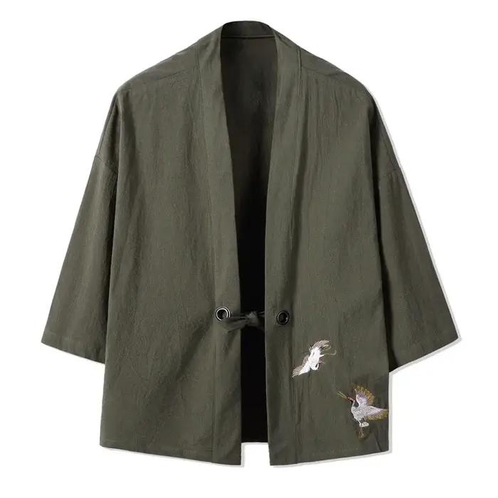 Hommes Kimono grue broderie Harajuku Style japonais Cardigan décontracté coton hommes samouraï Costu