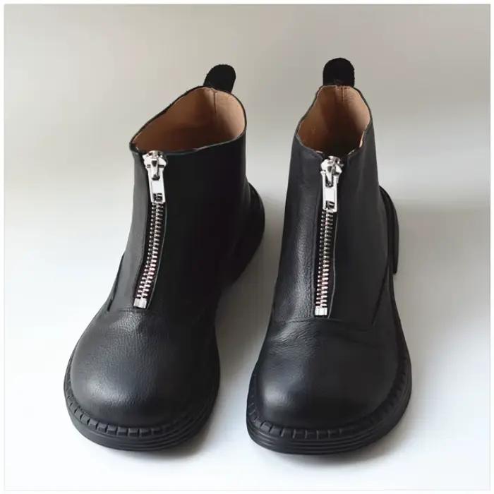 Bottes de chevalier rétro faites à la main pour femmes, bottes courtes en cuir naturel, bout large,