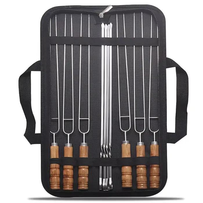 Brochettes de barbecue en fil d'acier inoxydable, manche en bois, bâtons de rôtissage pour gril, Cam