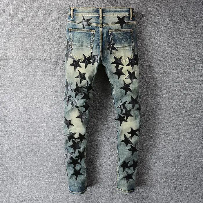 Jean Stretch déchiré en cuir pour hommes, pantalon crayon Slim, Patchwork, Denim, trous