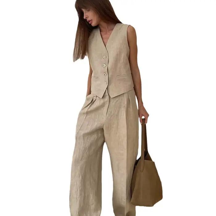 2025 nouvelles femmes lin coton Chic gilet et pantalon costume deux pièces ensemble bureau dames été