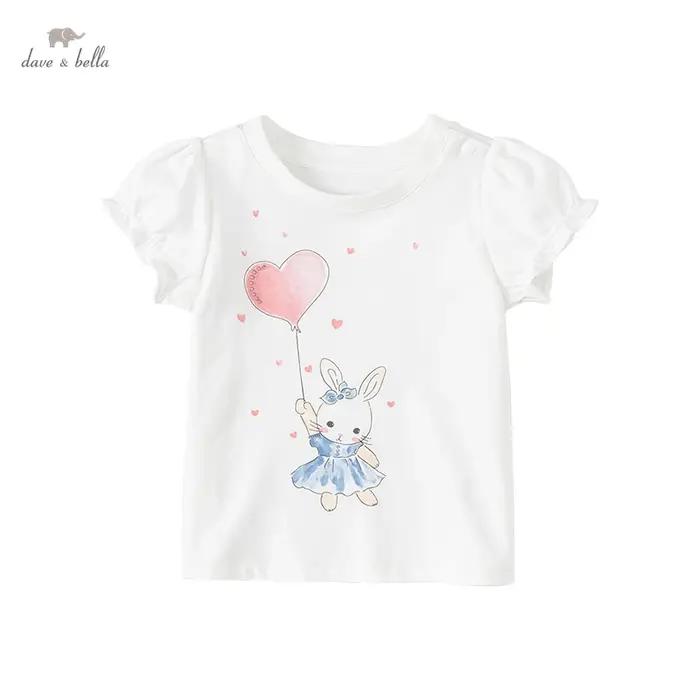 T-shirt manches bouffantes fille blanc DB2221905 - Haut imprimé dessin animé David Bella collection