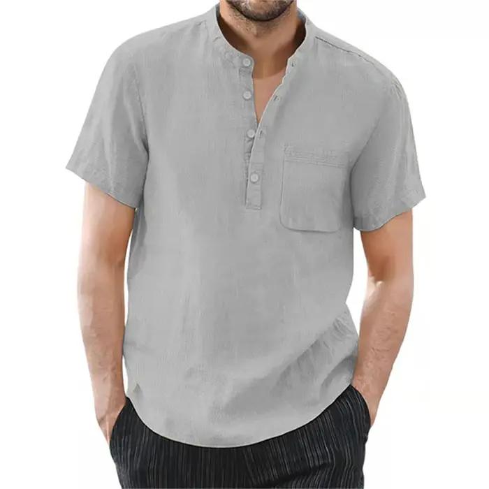 T-shirt à manches courtes pour hommes, en coton et lin, décontracté, couleur unie, chemise d'été, co