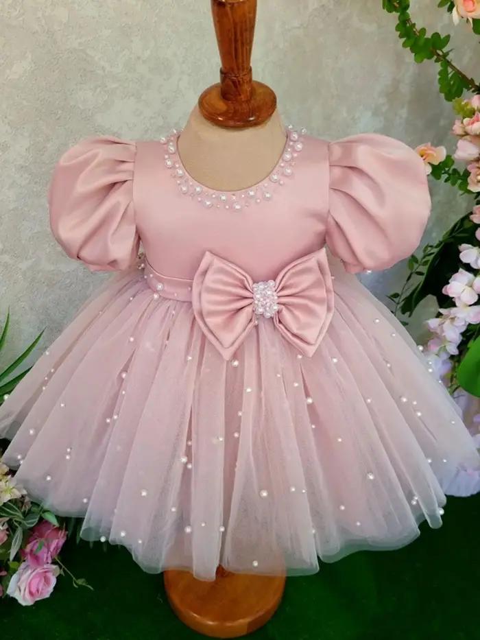 Robe rose à manches bouffantes et col rond pour fille, tenue de soirée de mariage, avec nœud brillan
