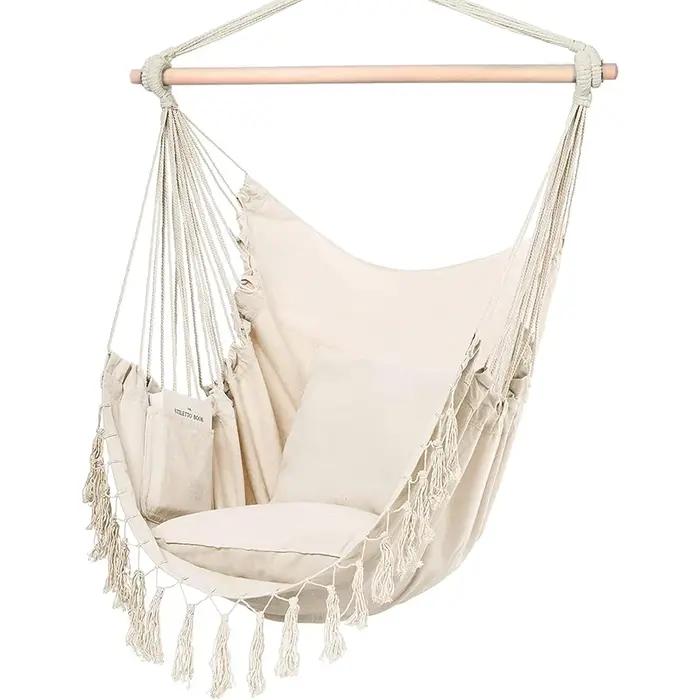 Chaise suspendue en macramé avec 2 oreillers | Balançoire en corde de coton d'une capacité de 500