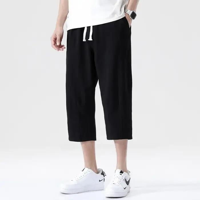 Pantalon court en lin pour hommes, décontracté, couleur unie, jambe droite, léger, grand, imitation