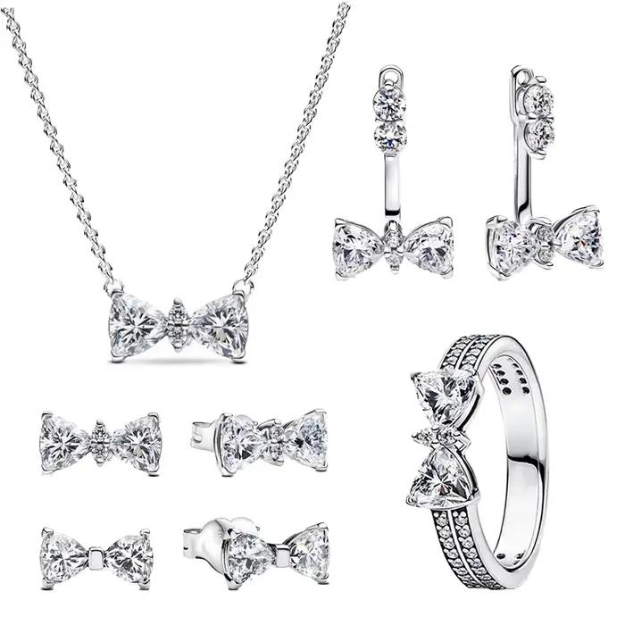 Nouveau Original 925 en argent Sterling coloré arc ensemble collier bague boucle d'oreille brillant