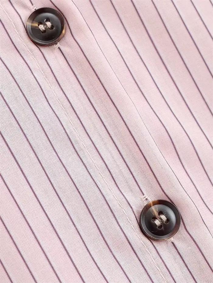 Chemise Femme Printemps 2026 Nouveau Style Rose Rayée Manches Longues Col Montant Boutonnage Simple