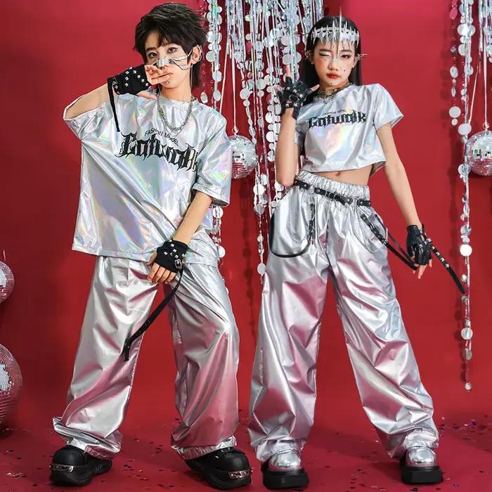 Hip Hop garçons T-shirt danse de rue argent pantalon filles K-pop brillant Joggers enfants Jazz vête