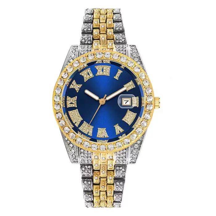 Montre de luxe Hip Hop en acier inoxydable pour hommes, couleur or, calendrier, strass pavés glacés