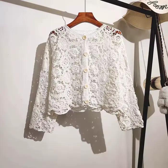 Manches longues Crochet haut en tricot plage Bikini couvrir boutonné Cardigan Blouse femmes blusas p