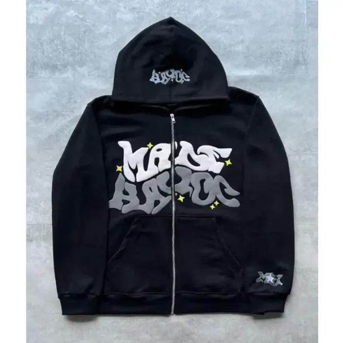 Sweat à capuche zippé avec lettres de style américain rétro, unisexe, idéal pour être associé à une