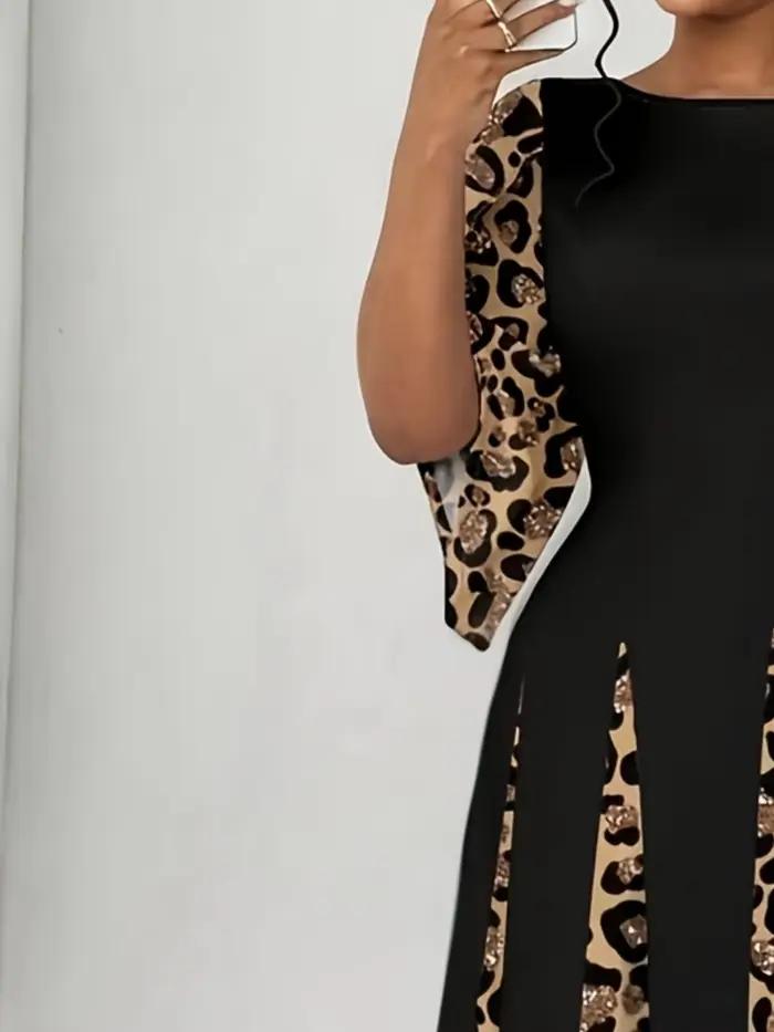 Robe maxi élégante à imprimé léopard, robe longue à manches longues tendance grande taille, vêtement