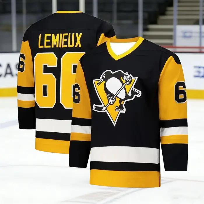 Maillot de hockey 2026 jaune/blanc/noir avec accents et logo pingouin, respirant, imprimés 3D HD pou