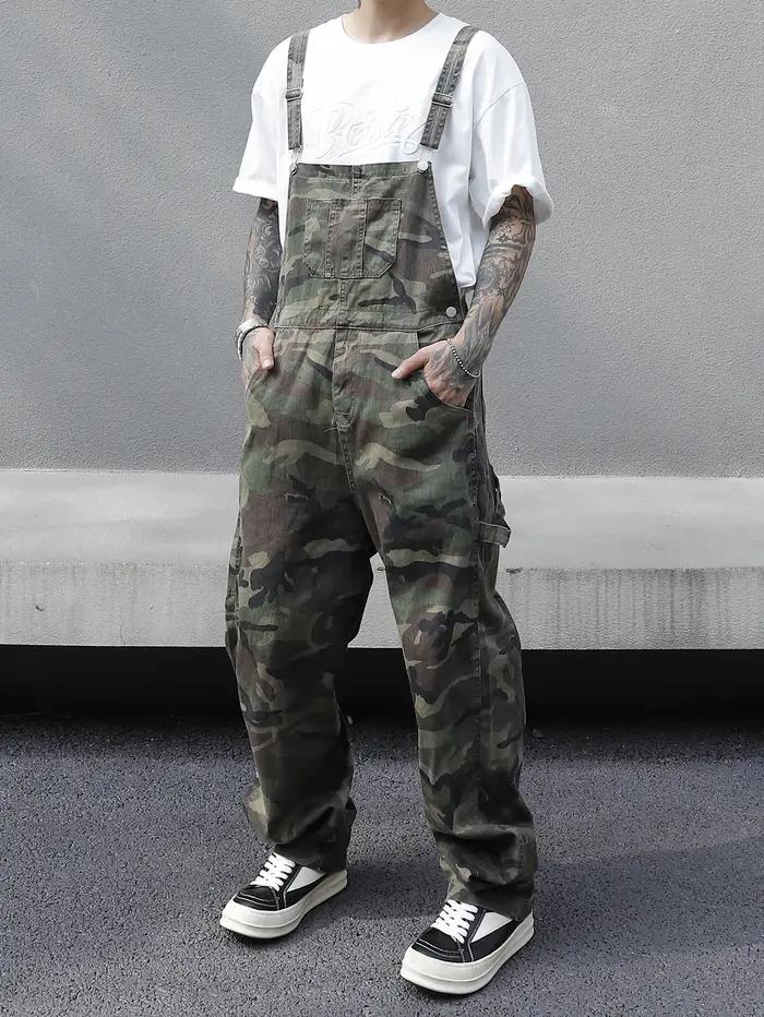 Salopette en jean imprimé camouflage multi-poches pour hommes – Coton, non élastique, lavable en mac