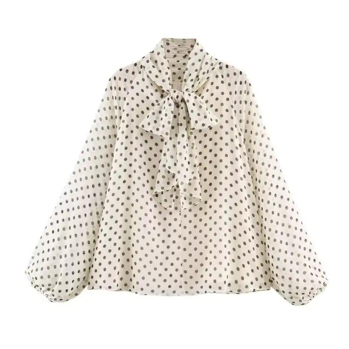 Femmes à pois imprimé Blouse décontracté col haut à manches longues dame haut Simple femmes Blouse f