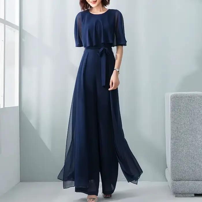 Combinaison longue en mousseline de soie pour femmes, manches feuille de Lotus, ensemble à jambes la