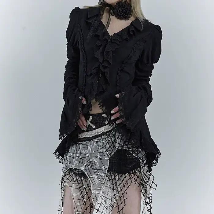 Karrcat-Chemise gothique en dentelle noire, chemisiers irréguliers esthétiques foncées, style CHRIST