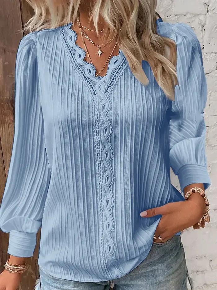 Élégant été dentelle creuse Patchwork femmes chemise Chic Blouse col en V à manches longues chemise
