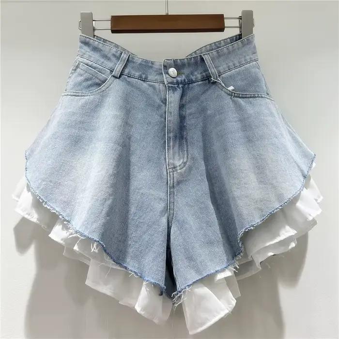 WTHT nouvelle mode femmes Patchwork ourlet lavage Denim Shorts 2025 été à la mode taille haute a-lig
