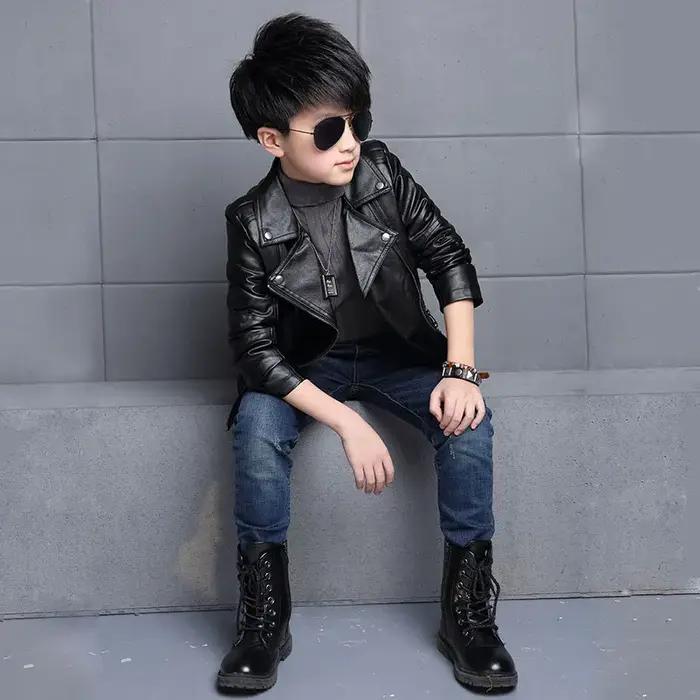 Veste imperméable en cuir PU avec fermeture éclair pour enfants, manteau pour garçons, vêtements pou
