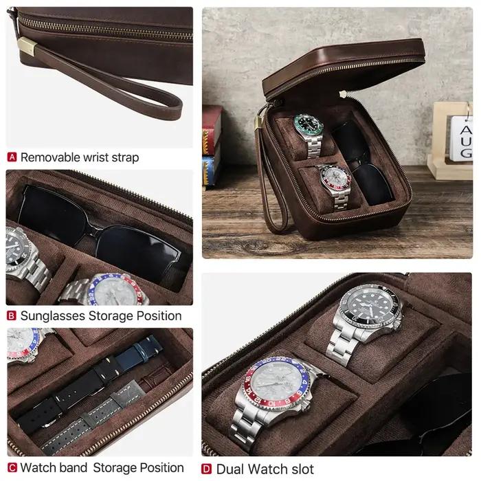 Étui de montre de luxe en cuir véritable, boîte à bijoux pour lunettes de soleil, montres portables