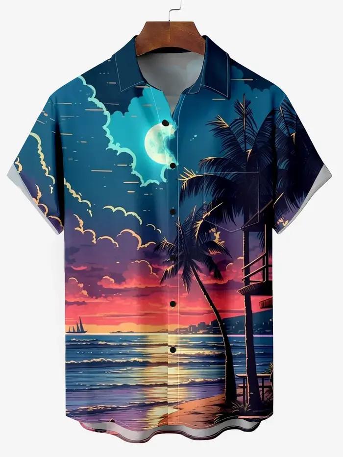 Chemise hawaïenne AMP Trees pour garçons, impression 3D, col coloré, chemise décontractée, manches c