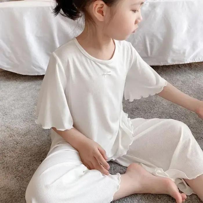 Ensemble de soie glacée pour filles, vêtements de maison fins pour enfants, vêtements d'été pour enf
