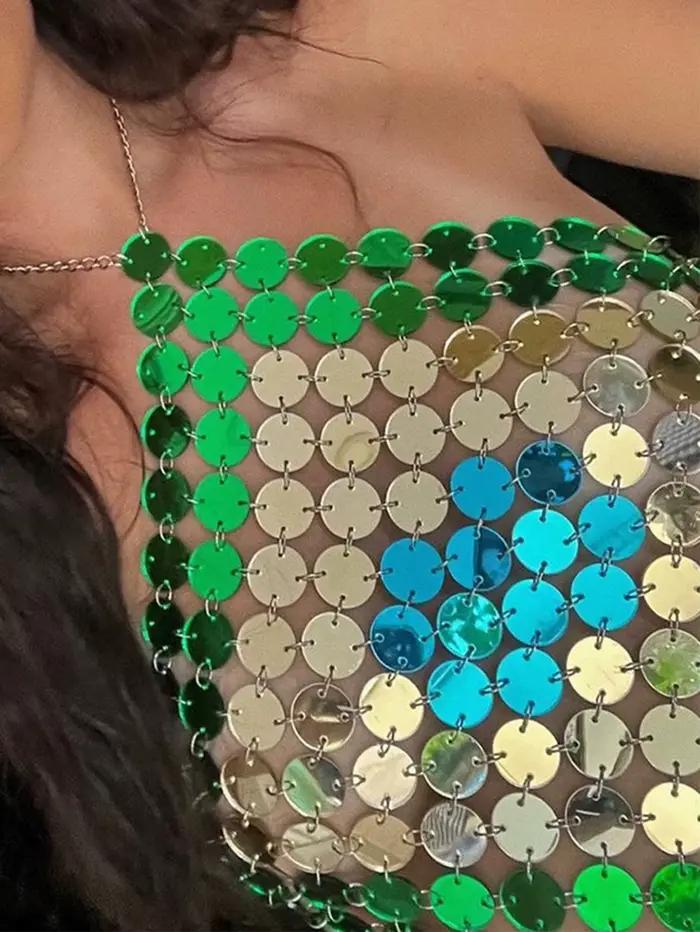 Haut court sexy à sequins métalliques pour femme, collection été 2026, transparent et brillant, idéa