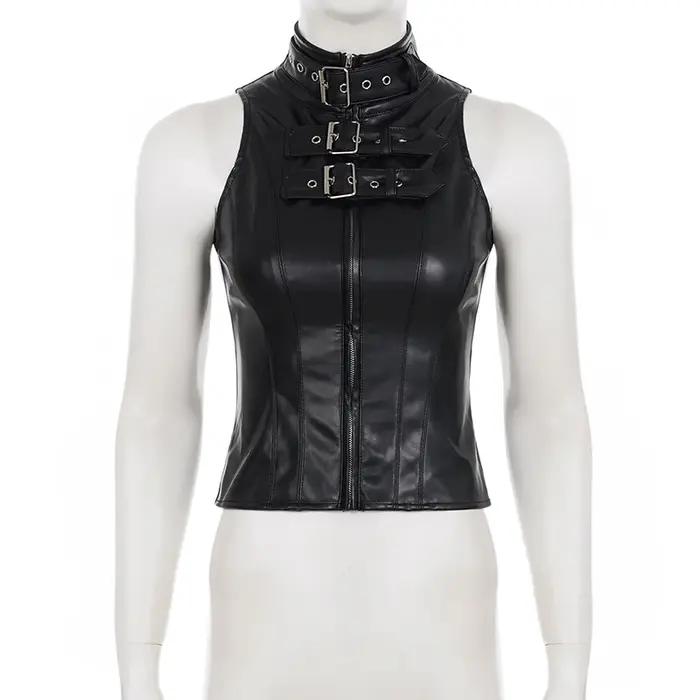 SUCHCUTE – gilet rétro Punk en cuir Pu pour femmes, avec couverture de manches, gothique, noir, sans