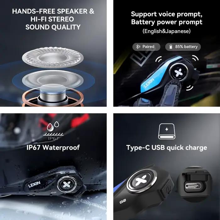 Interphone Bluetooth pour casque de moto Lexin-G2P jusqu'à paire 6 coureurs et conception de gros bo