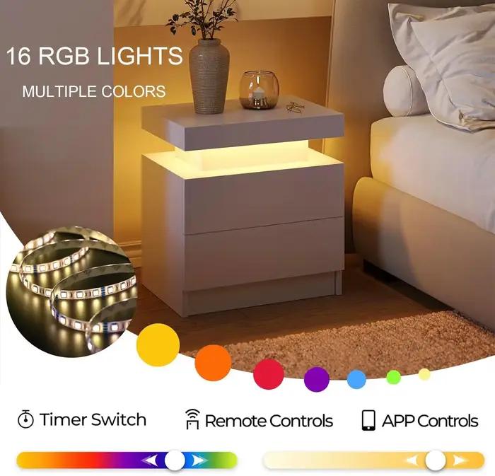Table de chevet LED blanche, table de chevet moderne pour chambre à coucher avec 2 tiroirs en bois,