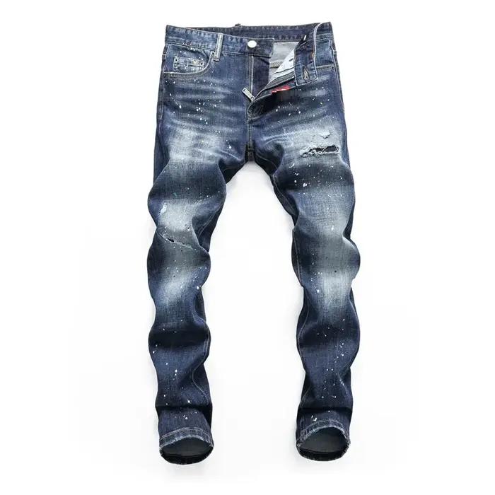 Haute qualité rue mode hommes jean rétro bleu élastique coupe ajustée déchiré jean hommes broderie c