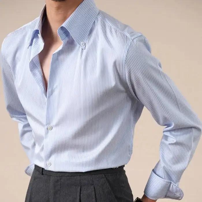 Chemise à manches longues rayée anti-rides pour hommes, style italien, chemise décontractée pour aff